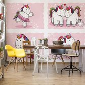 Fotobehang - Vlies Behang - Eenhoorns op een Roze Achtergrond - Unicorns - Kinderbehang - 312 x 219 cm