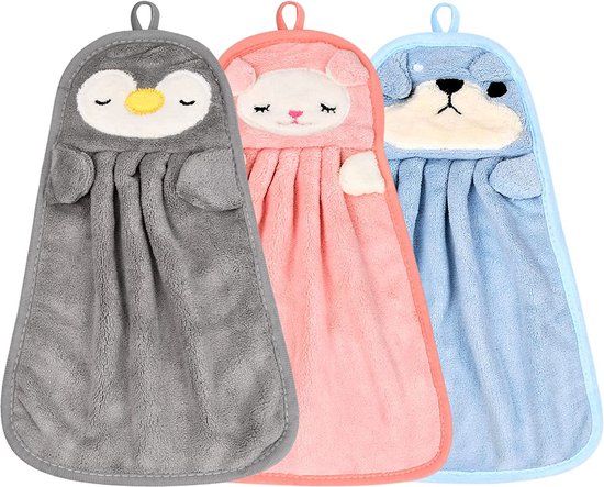 Handdoeken voor kinderen, set van 6 stuks met schattige dierenmotieven, microvezel, absorberende en sneldrogende handdoeken met ophanglus, zachte koraalfluwelen handdoeken voor keuken en badkamer