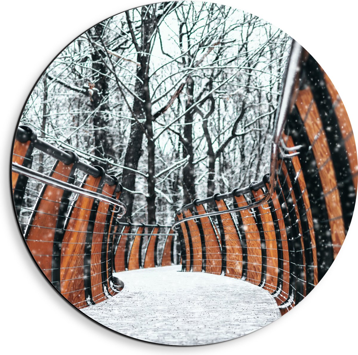 Dibond Muurcirkel - Hekwerk in Ondergesneeuwd Bos - 40x40 cm Foto op Aluminium Muurcirkel 