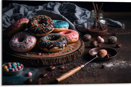 Dibond - Foto van een Plateau vol Verse Donuts - 75x50 cm Foto op Aluminium (Wanddecoratie van metaal)