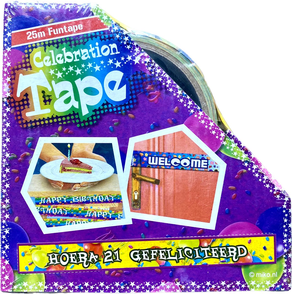Funtape - Markeerlint - Hoera 21 - Gefeliciteerd - 50 Meter - Feestlint