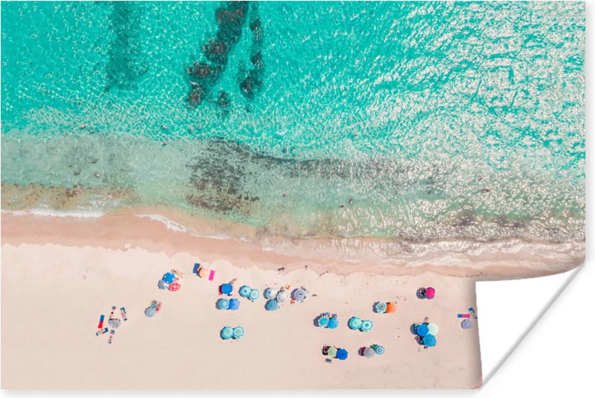 Poster Zee - Strand - Zomer - Parasols - Blauw - 30x20 cm
