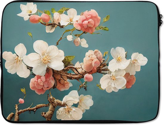 Laptophoes 17 inch - Bloemen - Bloesem - Kersen - Tak - Wit - Laptop sleeve - Binnenmaat 41x28 cm - Zwarte achterkant
