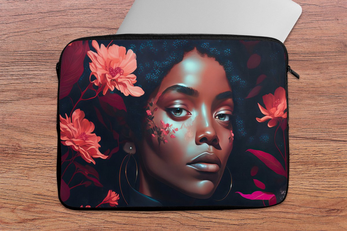 Laptophoes 14 inch - Bloemen - Vrouw - Portret - Illustratie - Laptop sleeve - Binnenmaat 33x23 cm - Zwarte achterkant