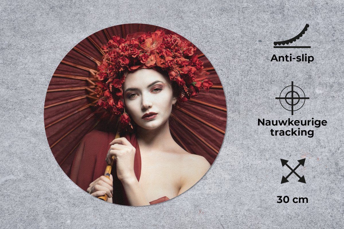 Muismat rond 30x30 cm - Mousepad Vrouw - Rood - Portret - Paraplu - Ronde muismatten