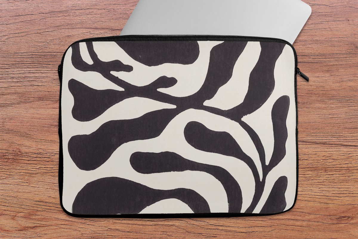 Laptophoes 14 inch - Bladeren - Plant - Pastel - Zwart - Laptop sleeve - Binnenmaat 33x23 cm - Zwarte achterkant