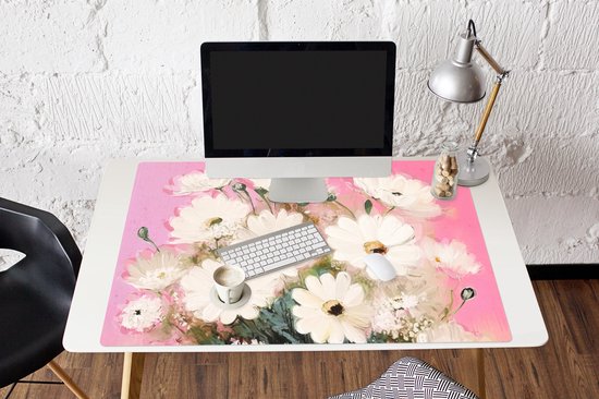 Muismat XXL 120x80 cm - Bureau onderlegger - Bureau mat Bloemen - Vaas - Planten - Wit - Bureaumat - Gaming mousepad xl - Bureaulegger groot - Computer deskmat