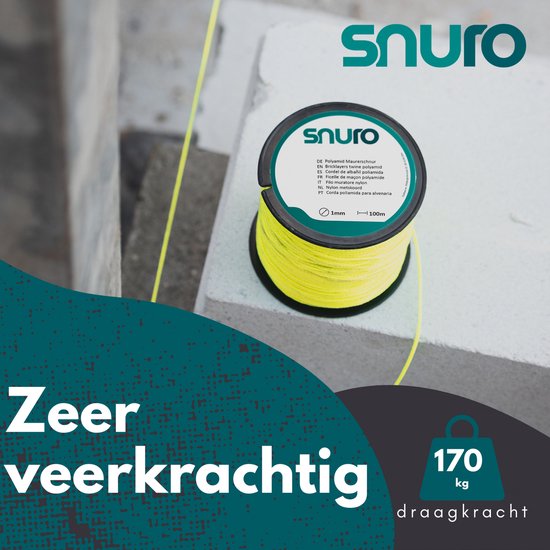 Fluogeel polyamide metseltouw op spoel, 1mm diameter, 100m lang, met 170kg draagkracht. "Zeer veerkrachtig"