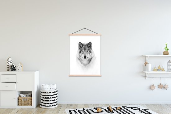 Posterhanger incl. Poster 120x160 cm - Schoolplaat - Wolf - Dieren - Portret - Wit - Textielposter - Blanke latten