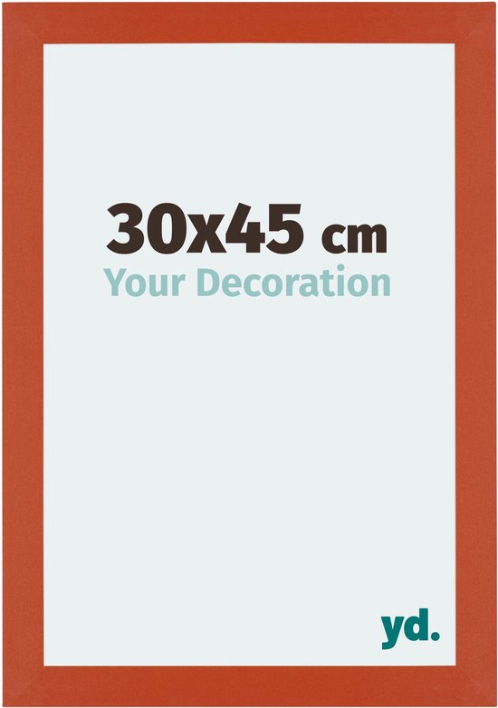 Oranje fotolijst 30x45 cm met tekst '30x45 cm Your Decoration' en yd. logo, op witte achtergrond.