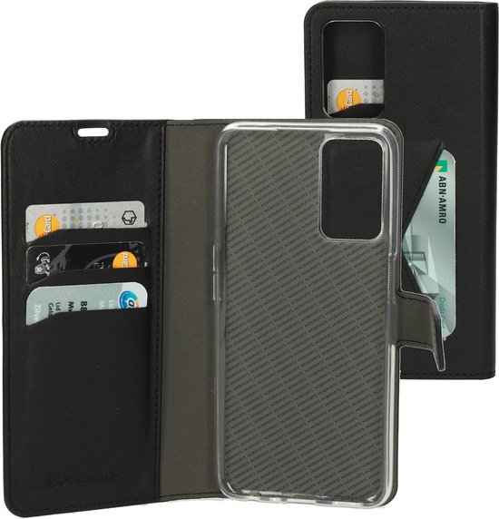 Étui de téléphone noir, ouvert, avec plusieurs poches pour cartes et un support de téléphone transparent.
