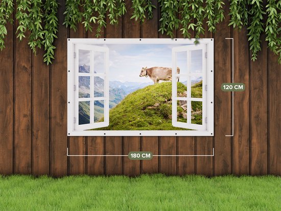 Gards Tuinposter Doorkijk Koe in de Bergen - 180x120 cm - Tuindoek - Tuindecoratie - Wanddecoratie buiten - Tuinschilderij