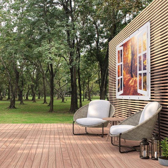 Affiche de jardin Gards transparente Forêt d'automne Oranje avec soleil - 180x120 cm - Toile de jardin - Décoration de jardin - Décoration murale extérieur - Tableau de jardin