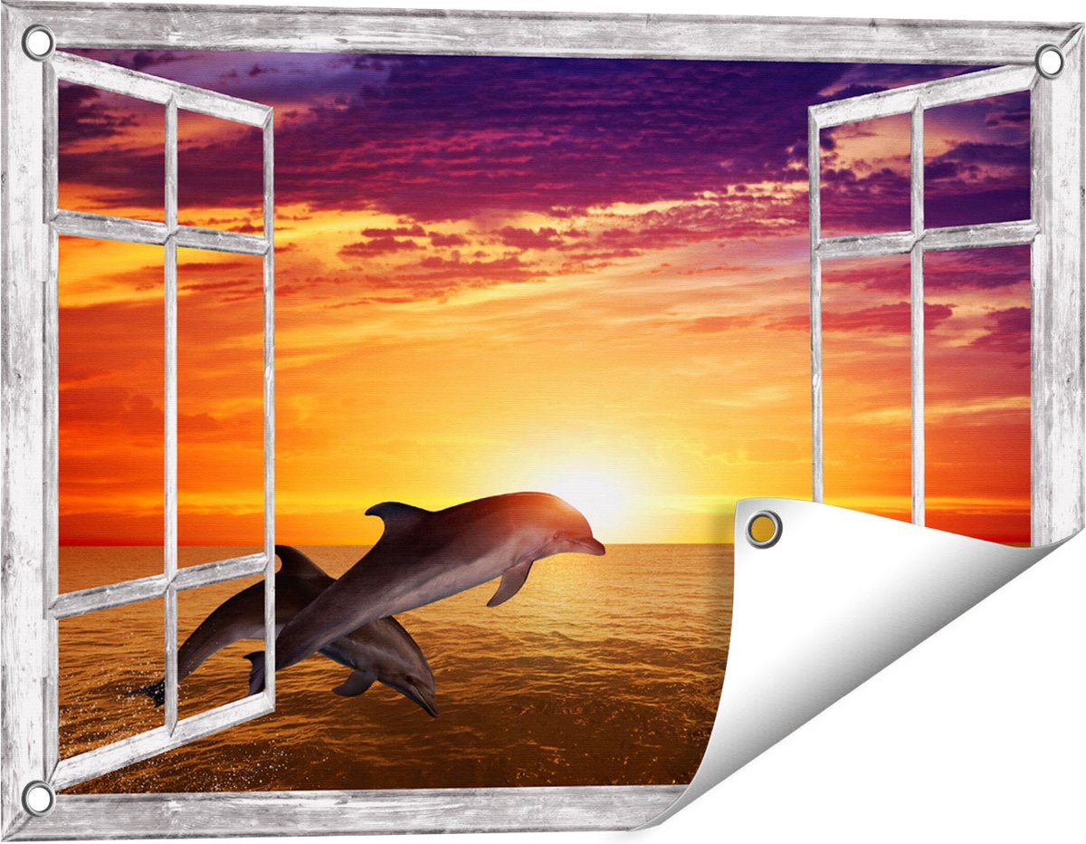 Gards Tuinposter Doorkijk Twee Dolfijnen bij de Zonsondergang - 60x40 cm - Tuindoek - Tuindecoratie - Wanddecoratie buiten - Tuinschilderij grijs