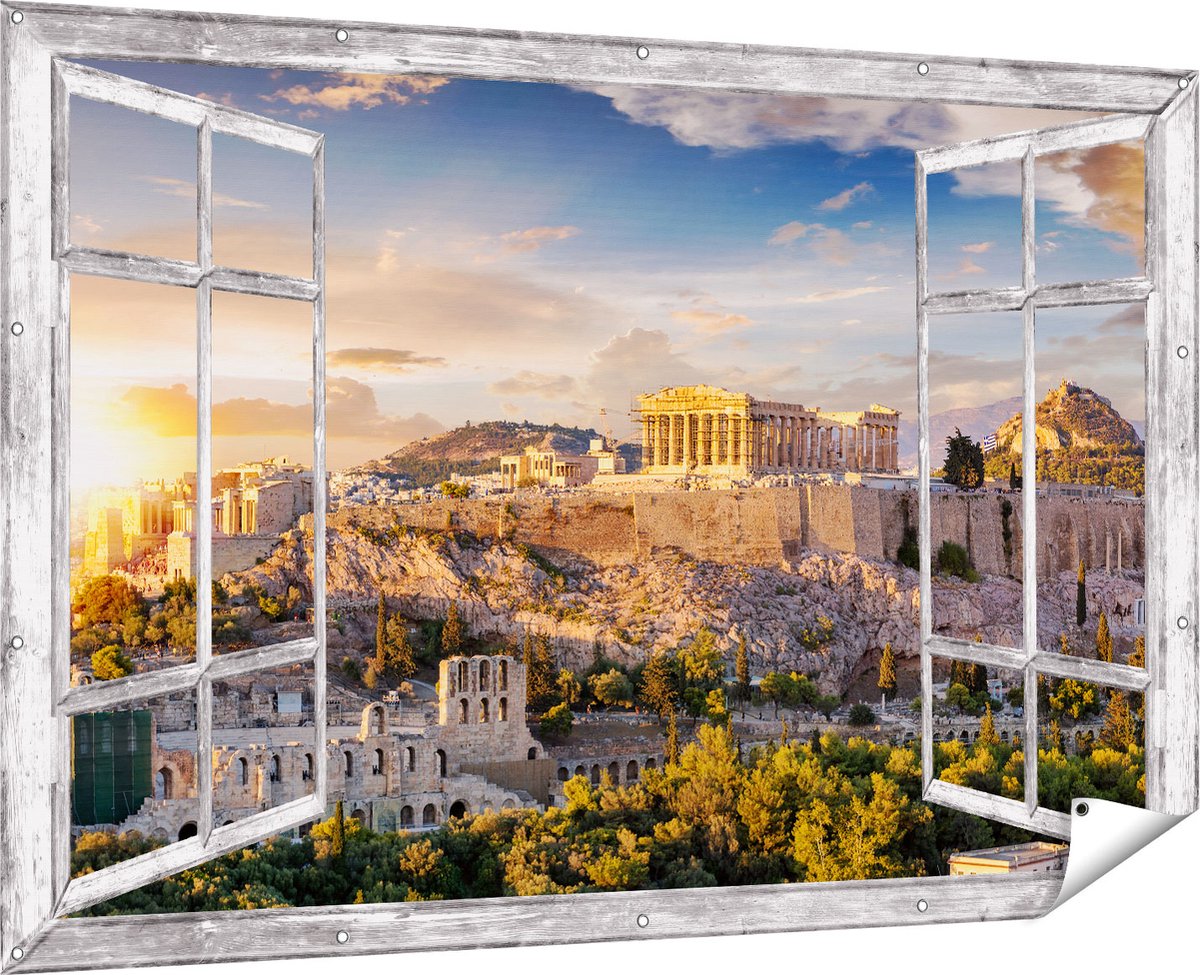 Gards Tuinposter Doorkijk Akropolis van Athene, Griekenland - Architectuur - 180x120 cm - Tuindoek - Tuindecoratie - Wanddecoratie buiten - Tuinschilderij Multikleur