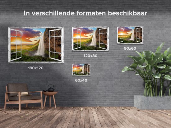 Gards Tuinposter Doorkijk Waterval in IJsland met Zonsondergang - 180x120 cm - Tuindoek - Tuindecoratie - Wanddecoratie buiten - Tuinschilderij