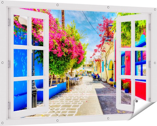 Gards Tuinposter Doorkijk Kleurrijke Straat op het Eiland Kos, Griekenland - 150x100 cm - Tuindoek - Tuindecoratie - Wanddecoratie buiten - Tuinschilderij