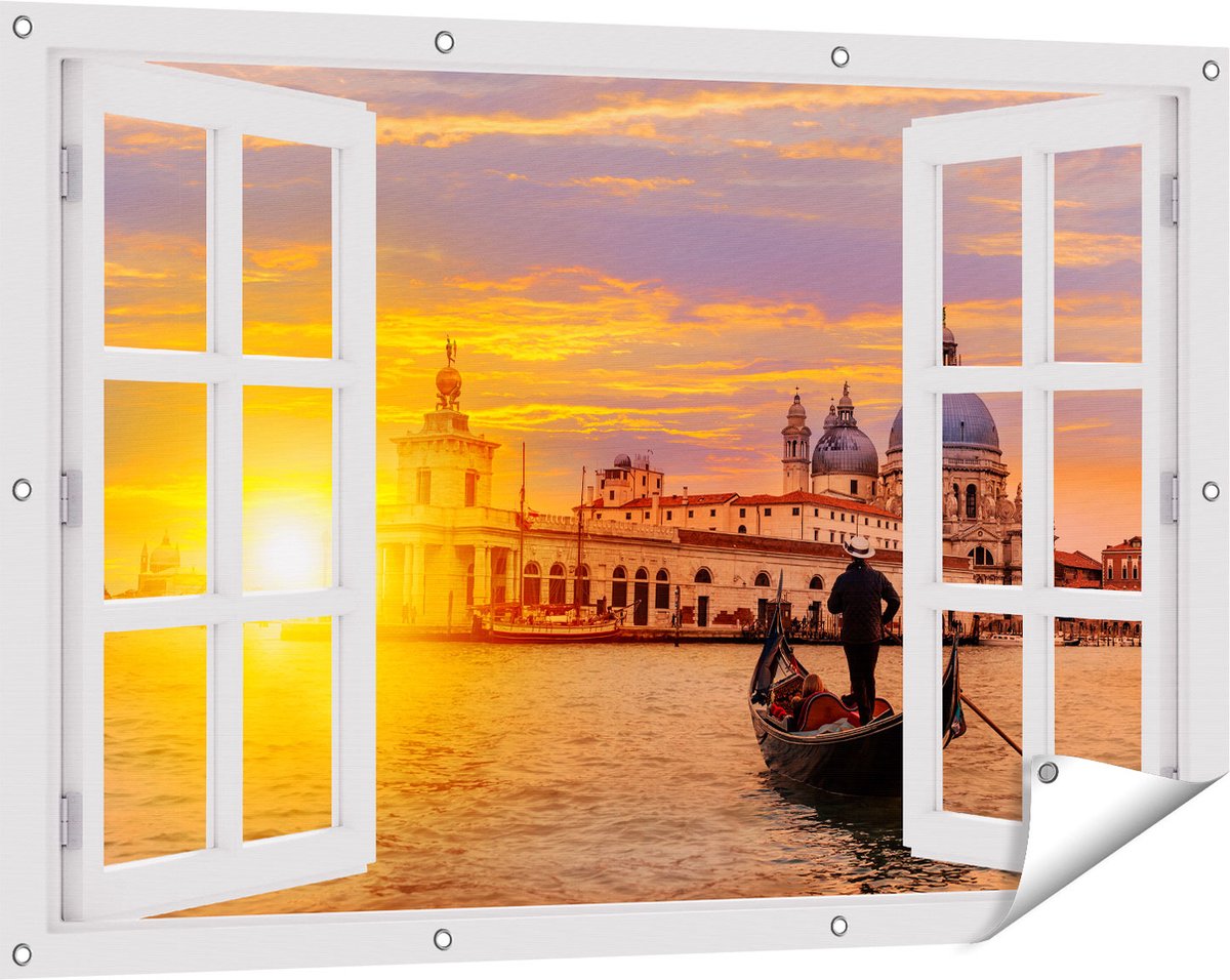 Gards Tuinposter Doorkijk Gondel in Venetië voor het Basiliek - 120x80 cm - Tuindoek - Tuindecoratie - Wanddecoratie buiten - Tuinschilderij Wit