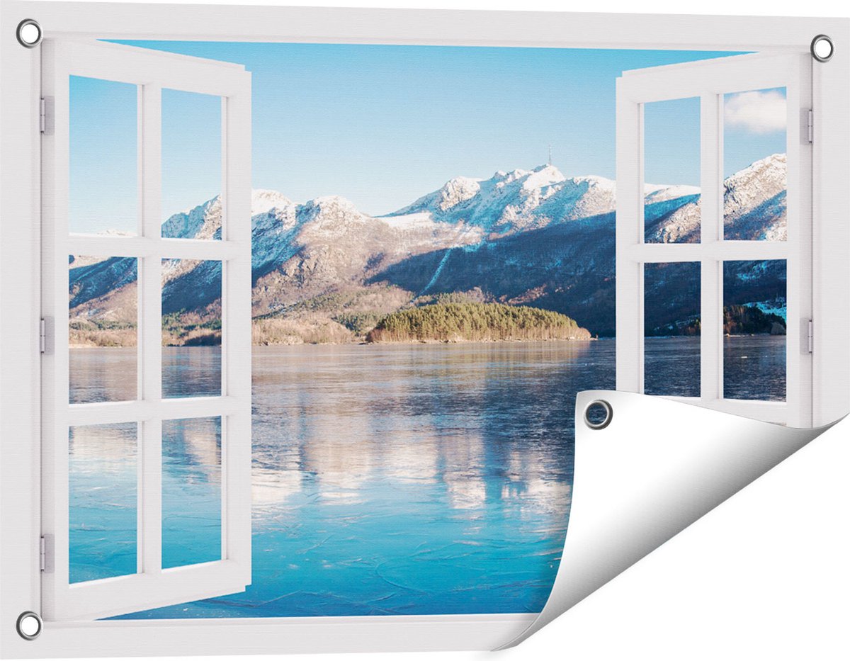 Gards Tuinposter Doorkijk Meer bij het Bergen Landschap in Noorwegen - 60x40 cm - Tuindoek - Tuindecoratie - Wanddecoratie buiten - Tuinschilderij Wit