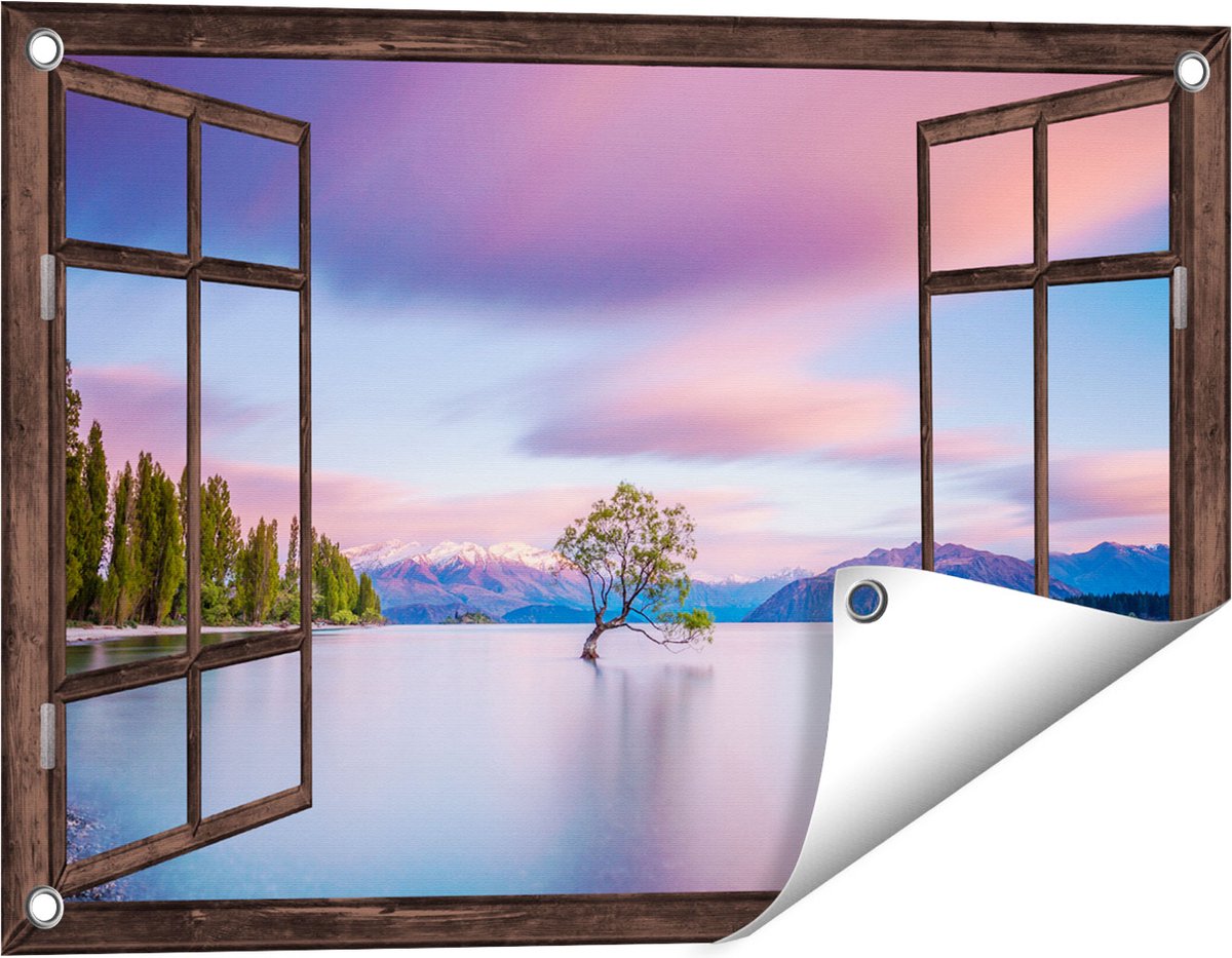Gards Tuinposter Doorkijk Wanaka Boom in het Water bij Zonsopgang - 60x40 cm - Tuindoek - Tuindecoratie - Wanddecoratie buiten - Tuinschilderij Donker bruin