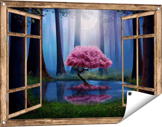 Gards Tuinposter Doorkijk Roze Boom op een Vijver in de Nacht - 90x60 cm - Tuindoek - Tuindecoratie - Wanddecoratie buiten - Tuinschilderij