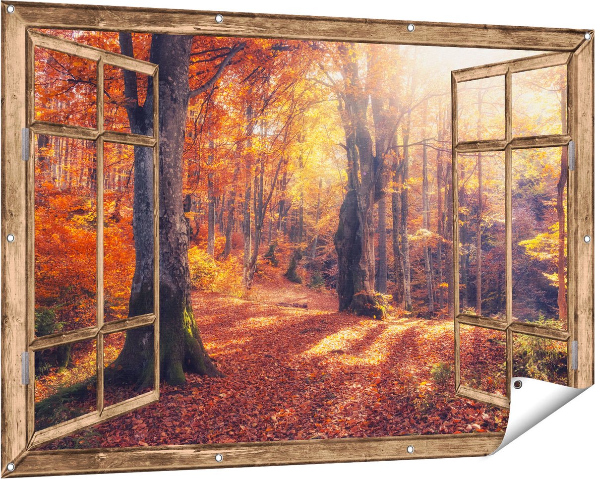 Gards Tuinposter Doorkijk Oranje Herfstbos met Zonneschijn - 150x100 cm - Tuindoek - Tuindecoratie - Wanddecoratie buiten - Tuinschilderij Licht bruin
