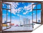 Gards Tuinposter Doorkijk Erasmusbrug aan het Water in Rotterdam - 90x60 cm - Tuindoek - Tuindecoratie - Wanddecoratie buiten - Tuinschilderij