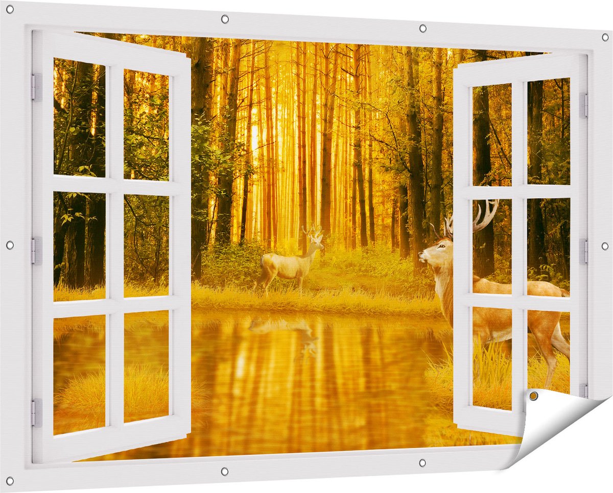 Gards Tuinposter Doorkijk Twee Herten in het Bos bij het Water - 150x100 cm - Tuindoek - Tuindecoratie - Wanddecoratie buiten - Tuinschilderij wit