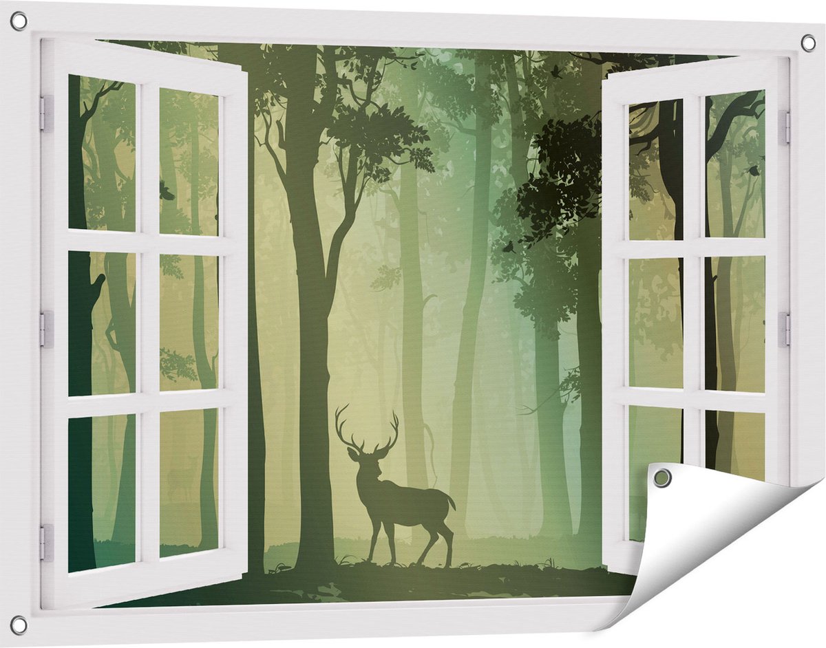 Gards Tuinposter Doorkijk Hert in het Bos - Silhouet - 90x60 cm - Tuindoek - Tuindecoratie - Wanddecoratie buiten - Tuinschilderij wit
