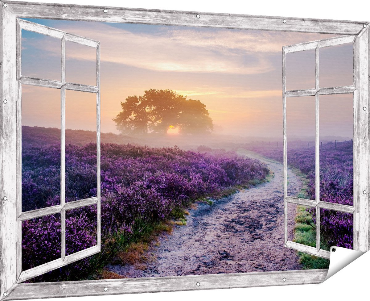 Gards Tuinposter Doorkijk Pad in de Weide van de Veluwe - 180x120 cm - Tuindoek - Tuindecoratie - Wanddecoratie buiten - Tuinschilderij Multikleur