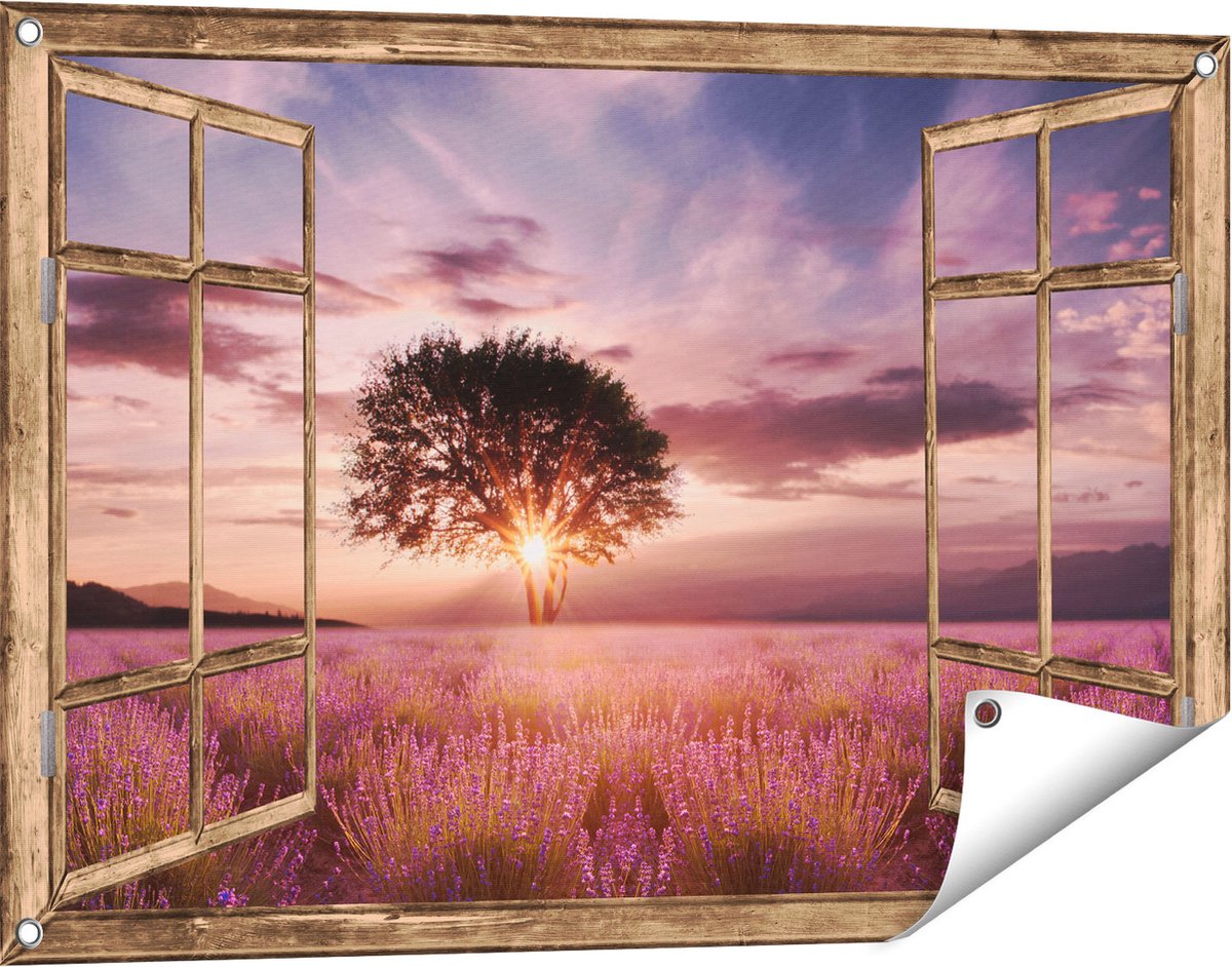 Gards Tuinposter Doorkijk Bloemenveld met Lavendel bij Zonsondergang - 90x60 cm - Tuindoek - Tuindecoratie - Wanddecoratie buiten - Tuinschilderij Licht bruin