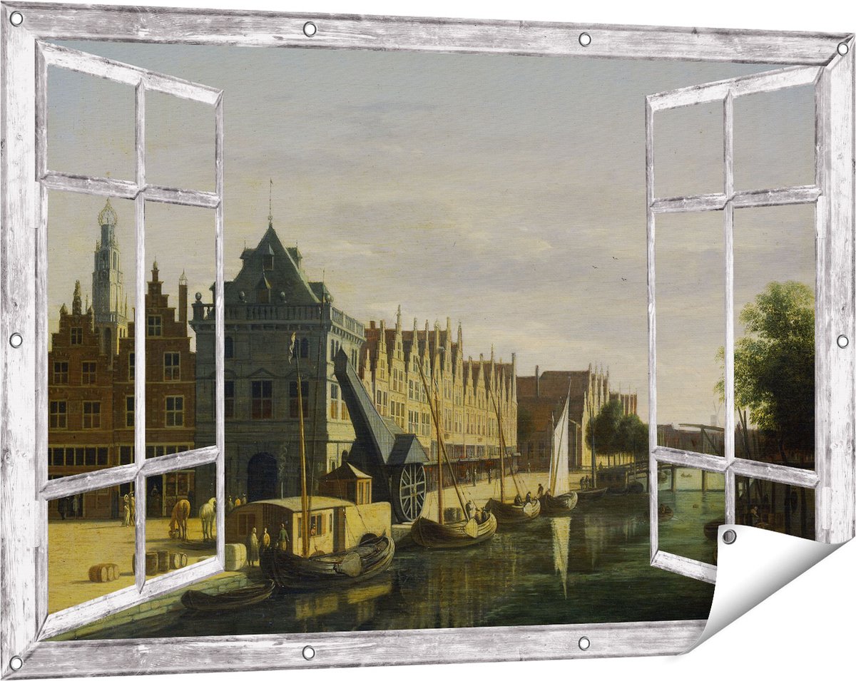 Gards Tuinposter Doorkijk De Waag en de Kraan aan het Spaarne te Haarlem - Gerrit Adriaensz Berckheyde - 120x80 cm - Tuindoek - Tuindecoratie - Wanddecoratie buiten - Tuinschilderij Grijs