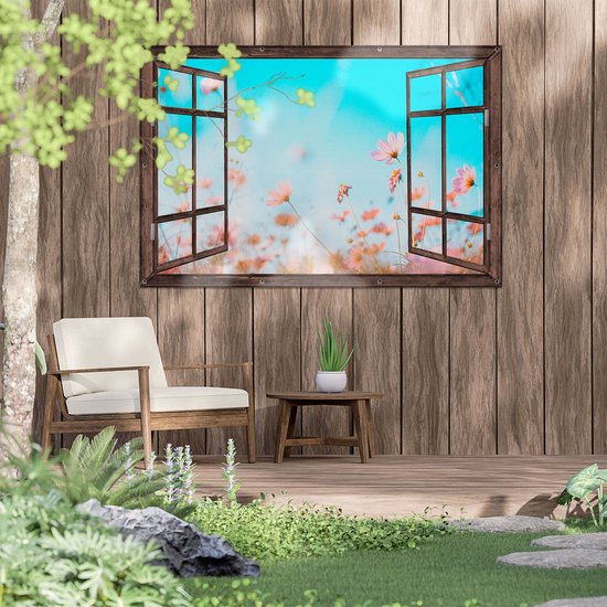 Gards Tuinposter Doorkijk Paarse Kosmos Bloemen - 150x100 cm - Tuindoek - Tuindecoratie - Wanddecoratie buiten - Tuinschilderij