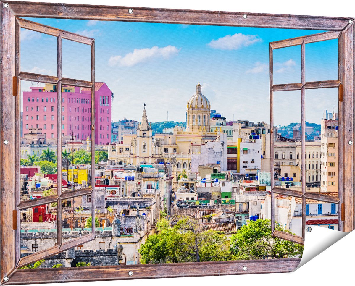 Gards Tuinposter Doorkijk Havana Stad in Cuba - 150x100 cm - Tuindoek - Tuindecoratie - Wanddecoratie buiten - Tuinschilderij bruin