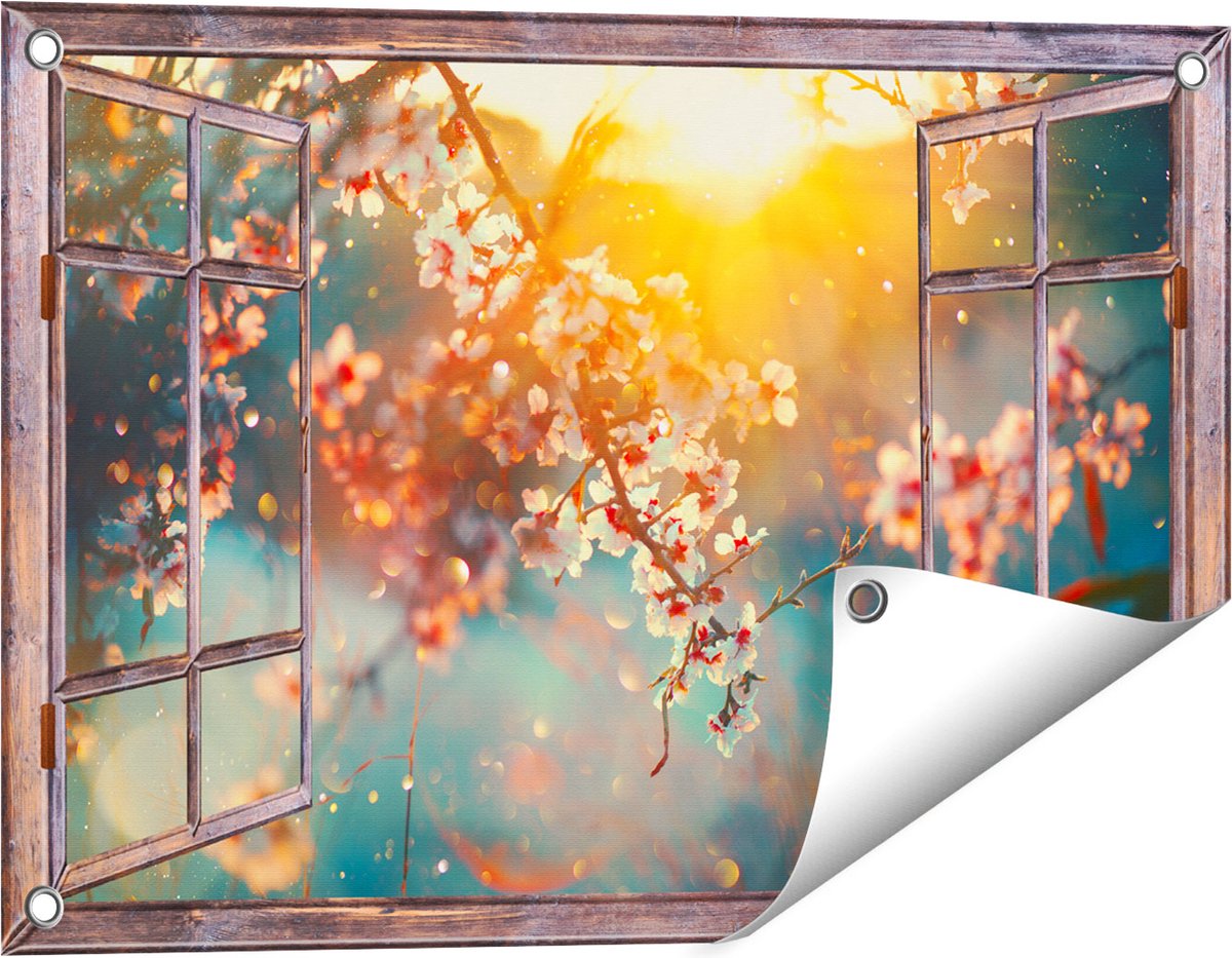 Gards Tuinposter Doorkijk Bloesemboom tijdens Zonsondergang - Bloem - 60x40 cm - Tuindoek - Tuindecoratie - Wanddecoratie buiten - Tuinschilderij