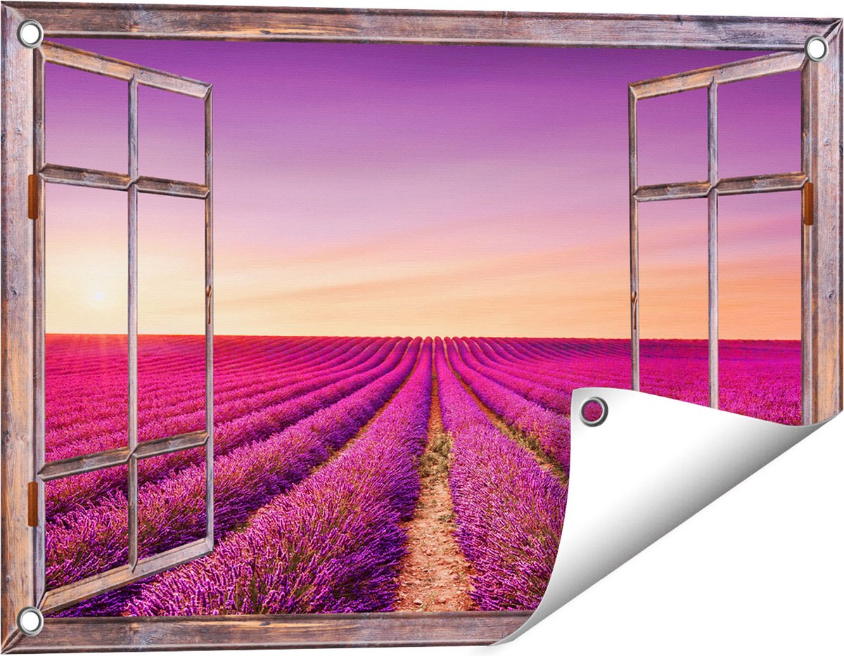 Gards Tuinposter Doorkijk Paarse Lavendel Bloemenveld - 60x40 cm - Tuindoek - Tuindecoratie - Wanddecoratie buiten - Tuinschilderij