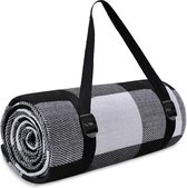 Strand Picknickmat Rond - 150x200 cm - Waterdicht - Zandvast - Zwart Wit Grote Ruiten - Picknickkleed