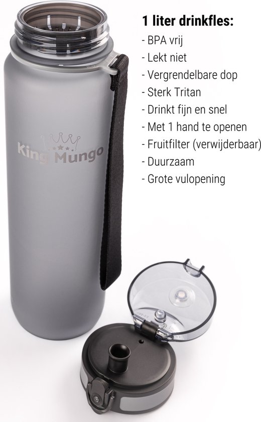 Matgrijze King Mungo drinkfles met de dop eraf, liggend op een witte ondergrond.