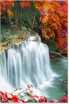 Tuinposter - Waterval - Natuur - Water - Oranje - Rood - Bladeren - 120x180 cm - Tuin - Tuindoek - Tuindecoratie - Tuinposter waterval