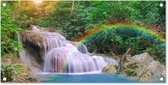 Tuinposter waterval - Regenboog - Zon - Natuur - Bomen - Tuindecoratie - Tuin - Tuinschilderij voor buiten - Schutting decoratie - 80x40 cm - Tuindoek - Schuttingdoek