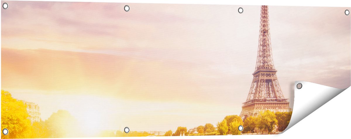 Gards Tuinposter Eiffeltoren in Parijs aan het Water - 120x40 cm - Tuindoek - Tuindecoratie - Wanddecoratie buiten - Tuinschilderij Multikleur