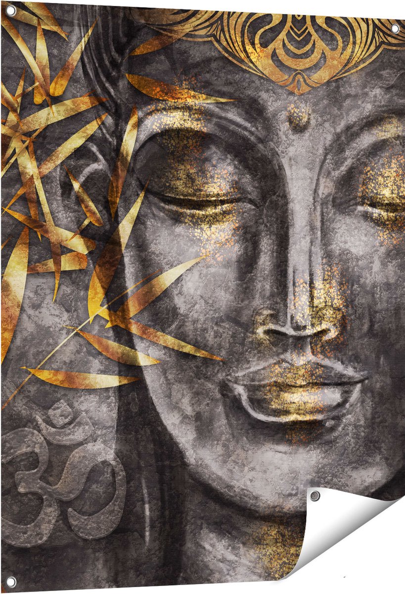 Gards Tuinposter Gouden Boeddha van Aquarel - Abstract - 80x100 cm - Tuindoek - Tuindecoratie - Wanddecoratie buiten - Tuinschilderij Multikleur