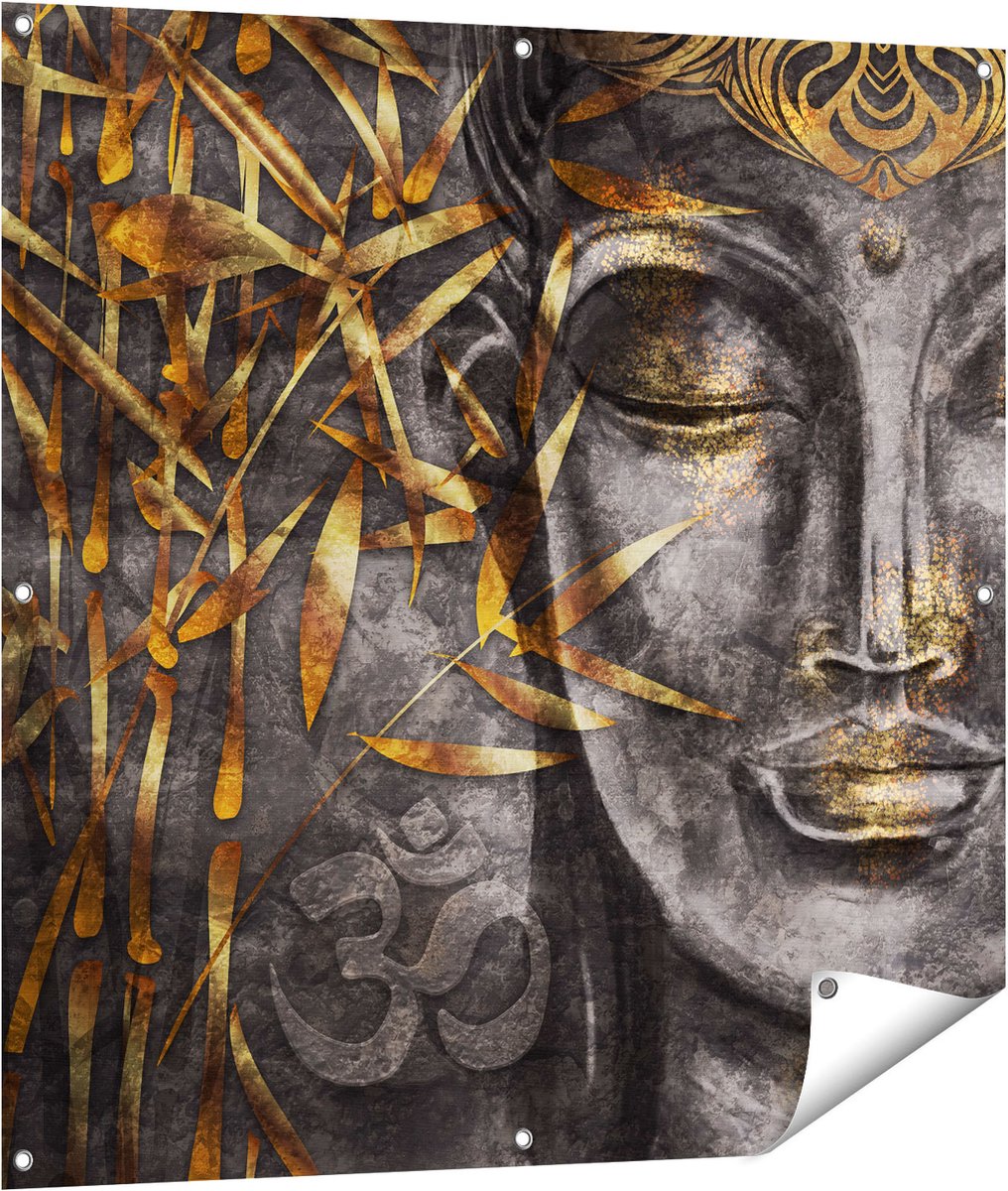 Gards Tuinposter Gouden Boeddha van Aquarel - Abstract - 100x100 cm - Tuindoek - Tuindecoratie - Wanddecoratie buiten - Tuinschilderij Multikleur