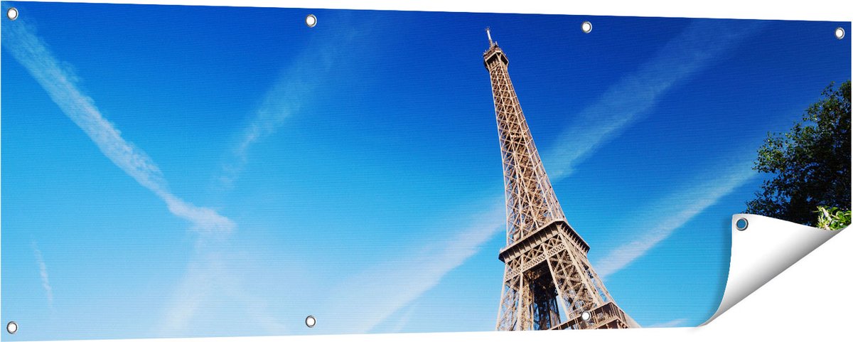 Gards Tuinposter Eiffeltoren in Parijs met Bloemen - 150x50 cm - Tuindoek - Tuindecoratie - Wanddecoratie buiten - Tuinschilderij Multikleur