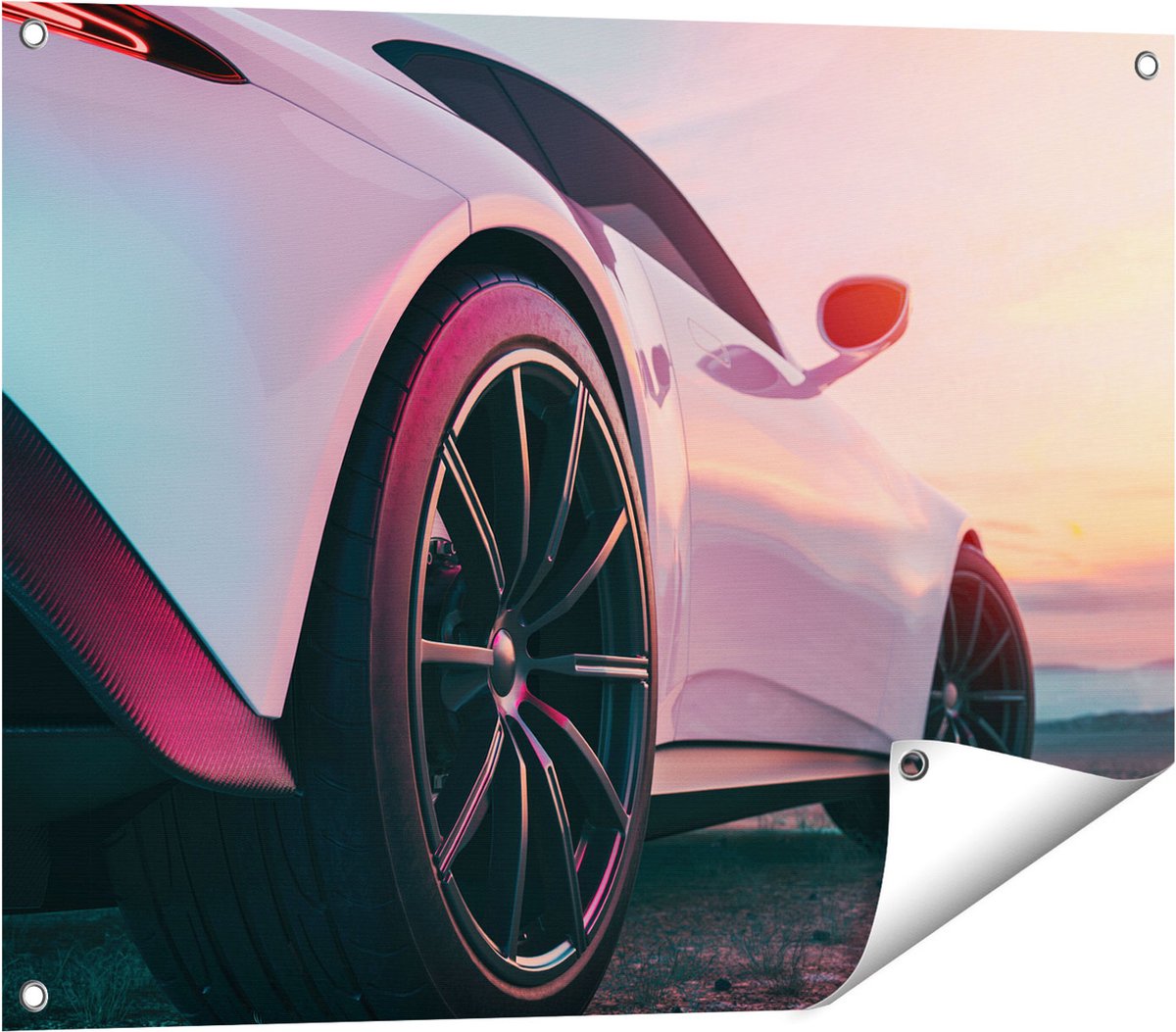 Gards Tuinposter Witte Sportwagen Auto - 80x60 cm - Tuindoek - Tuindecoratie - Wanddecoratie buiten - Tuinschilderij Multikleur