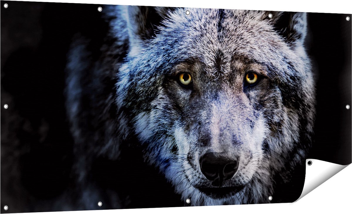 Gards Tuinposter Grijze Wolvenkop - Wolf - 160x80 cm - Tuindoek - Tuindecoratie - Wanddecoratie buiten - Tuinschilderij Multikleur