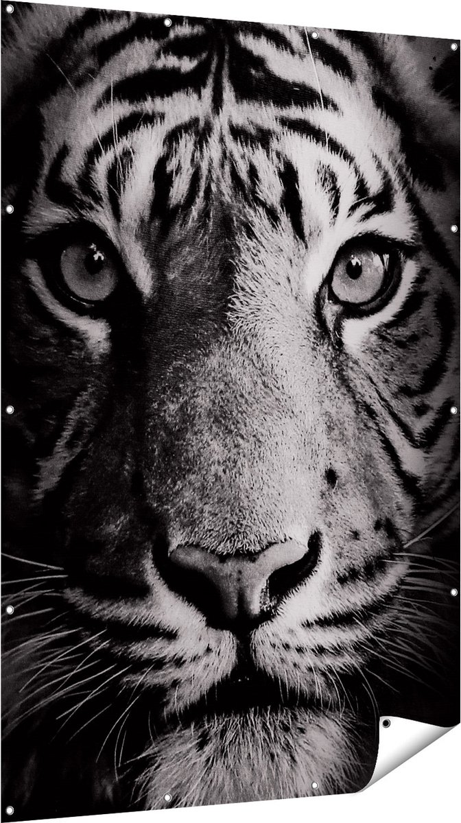Gards Tuinposter Tijgerkop - Tijger - Zwart Wit - 120x180 cm - Tuindoek - Tuindecoratie - Wanddecoratie buiten - Tuinschilderij Multikleur