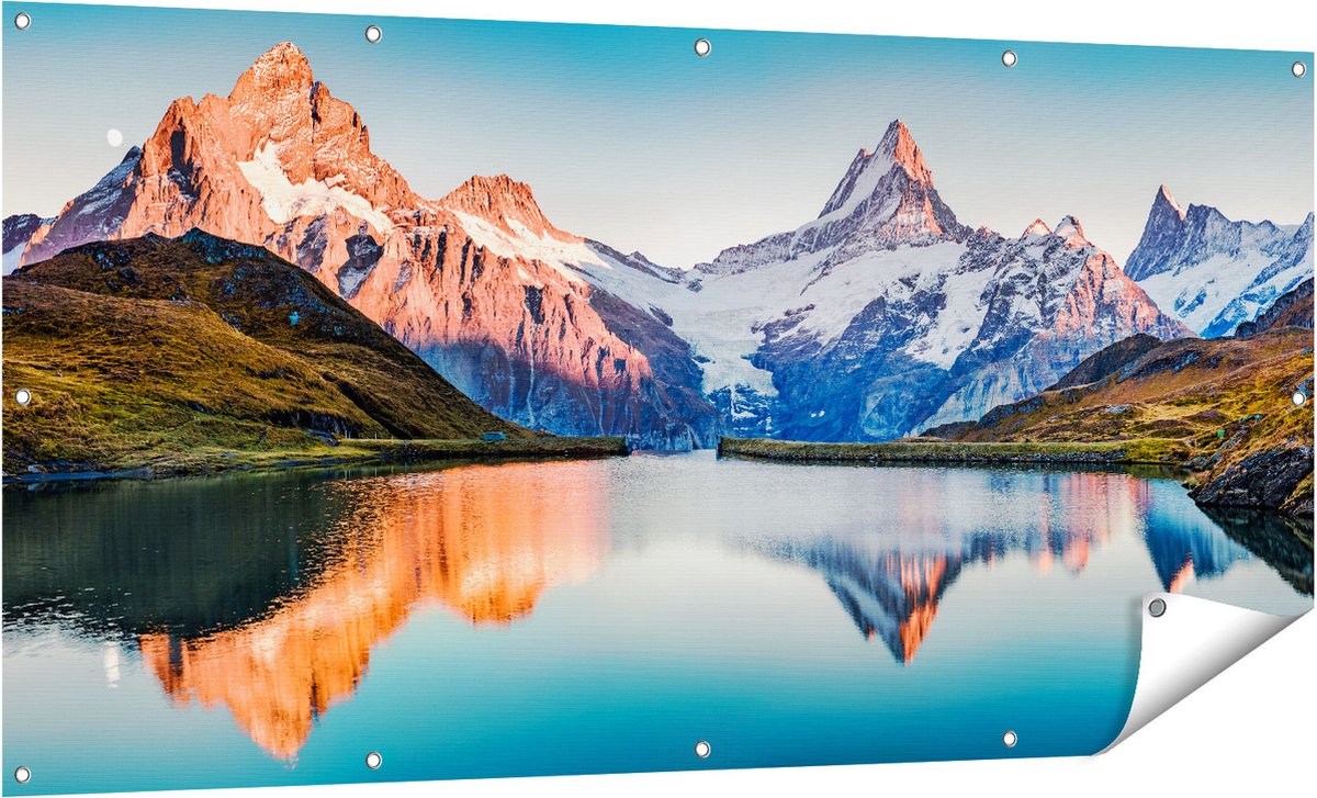 Gards Tuinposter Bergen Landschap bij het Meer - 160x80 cm - Tuindoek - Tuindecoratie - Wanddecoratie buiten - Tuinschilderij Multikleur