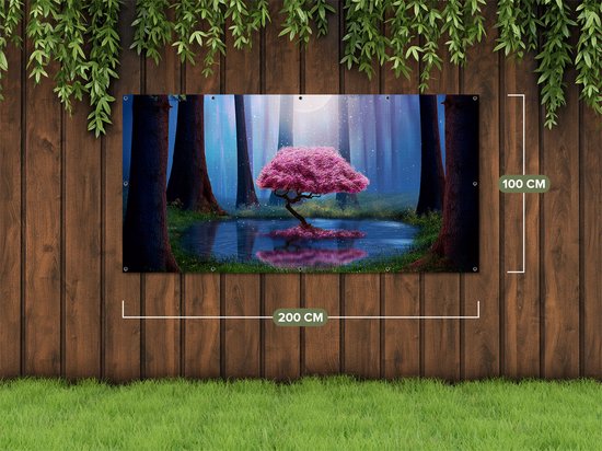 Gards Poster de jardin Arbre rose sur un étang la nuit - 200x100 cm - Toile de jardin - Décoration de jardin - Décoration murale extérieur - Tableau de jardin