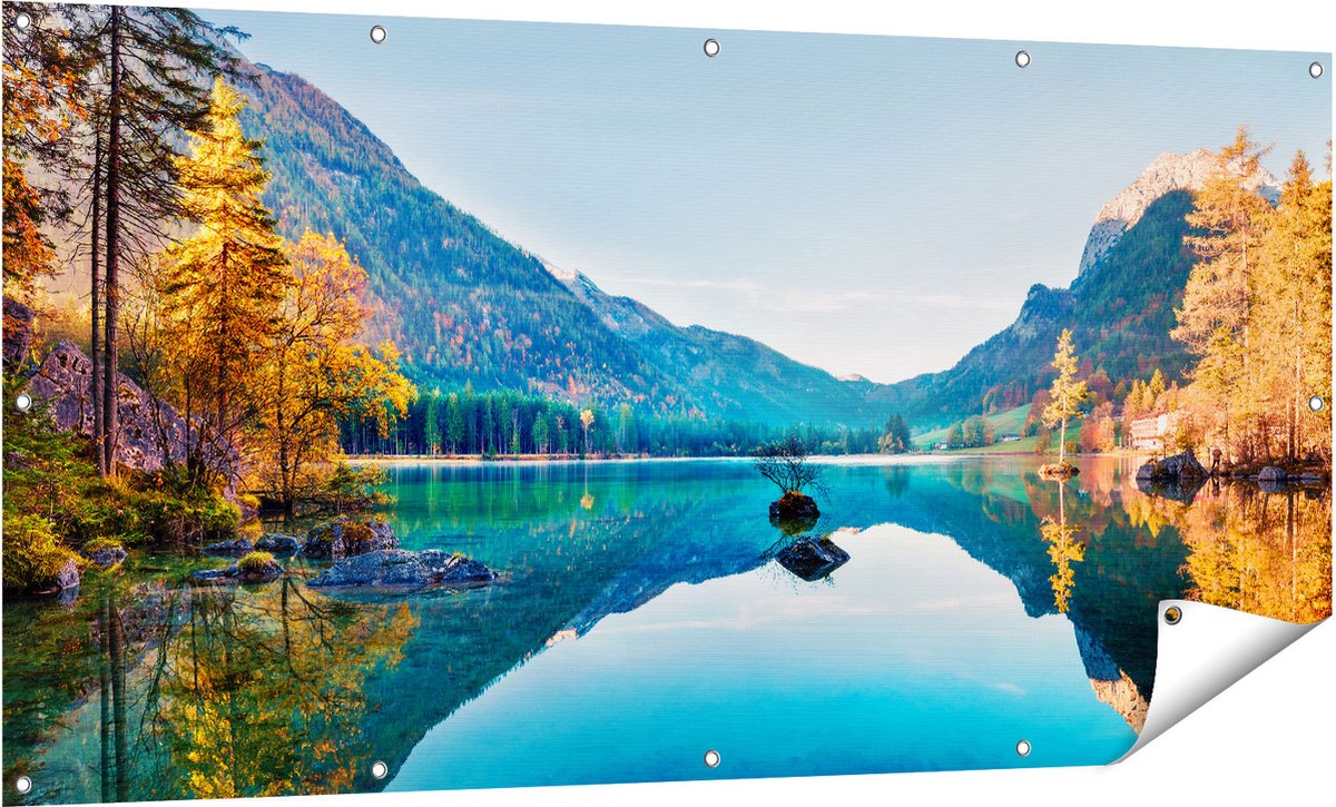 Gards Tuinposter Meer met Herfstbomen - 160x80 cm - Tuindoek - Tuindecoratie - Wanddecoratie buiten - Tuinschilderij Multikleur